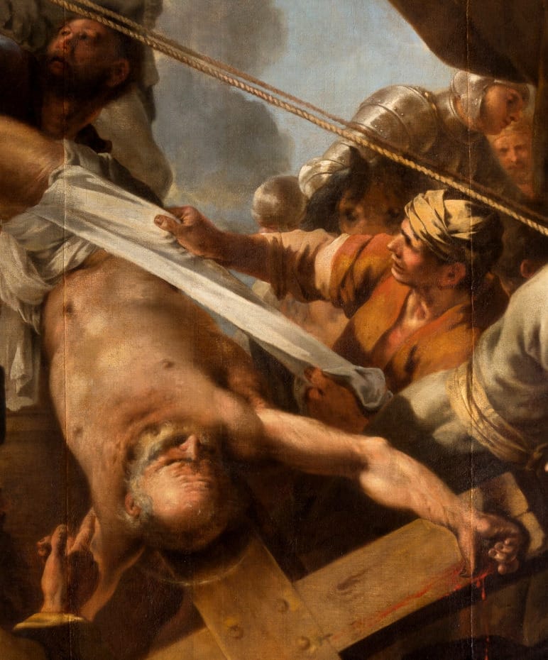 Peinture du crucifiement de saint Pierre par Sébastien Bourdon, gros plan sur saint Pierre