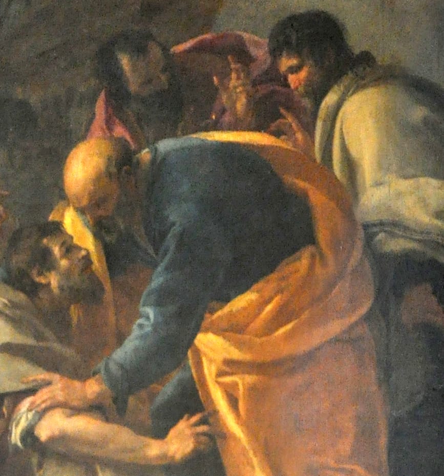 Détails de la peinture du Centurion Corneille aux pieds de saint Pierre par Aubin Vouet