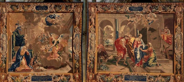 Détails des tapisseries de la Nef représentant des scènes de l'histoire chrétienne